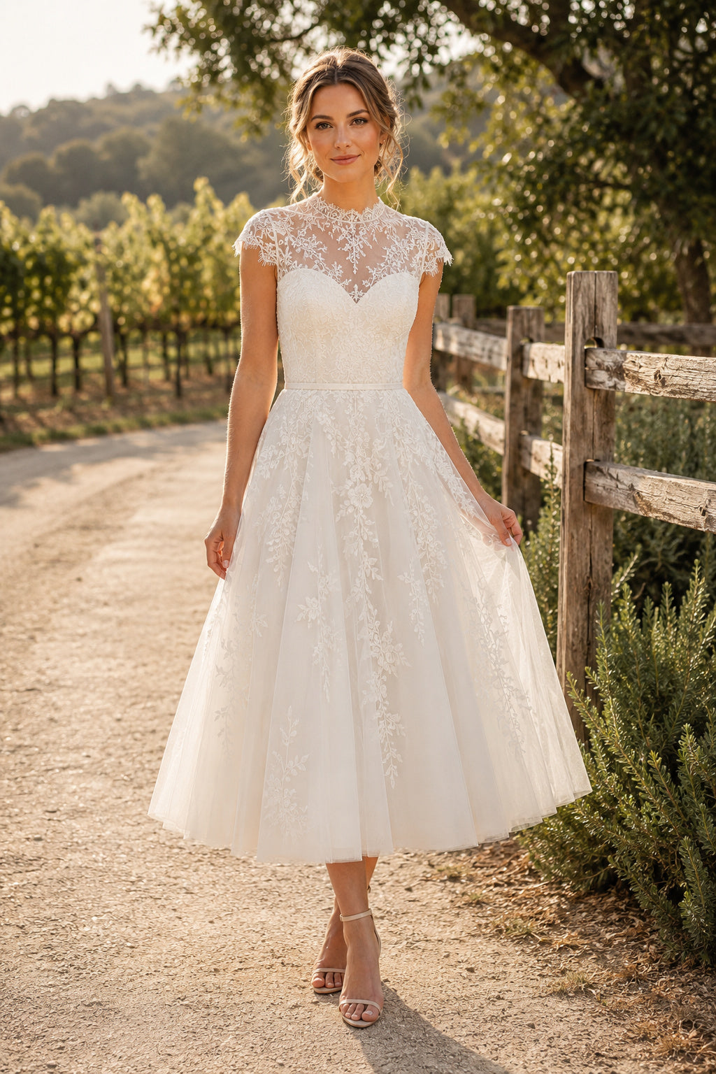 Bateau Cap Sleeve Tea Length Wedding Dress with Illusion Lace Bodice and Tulle Skirt front view