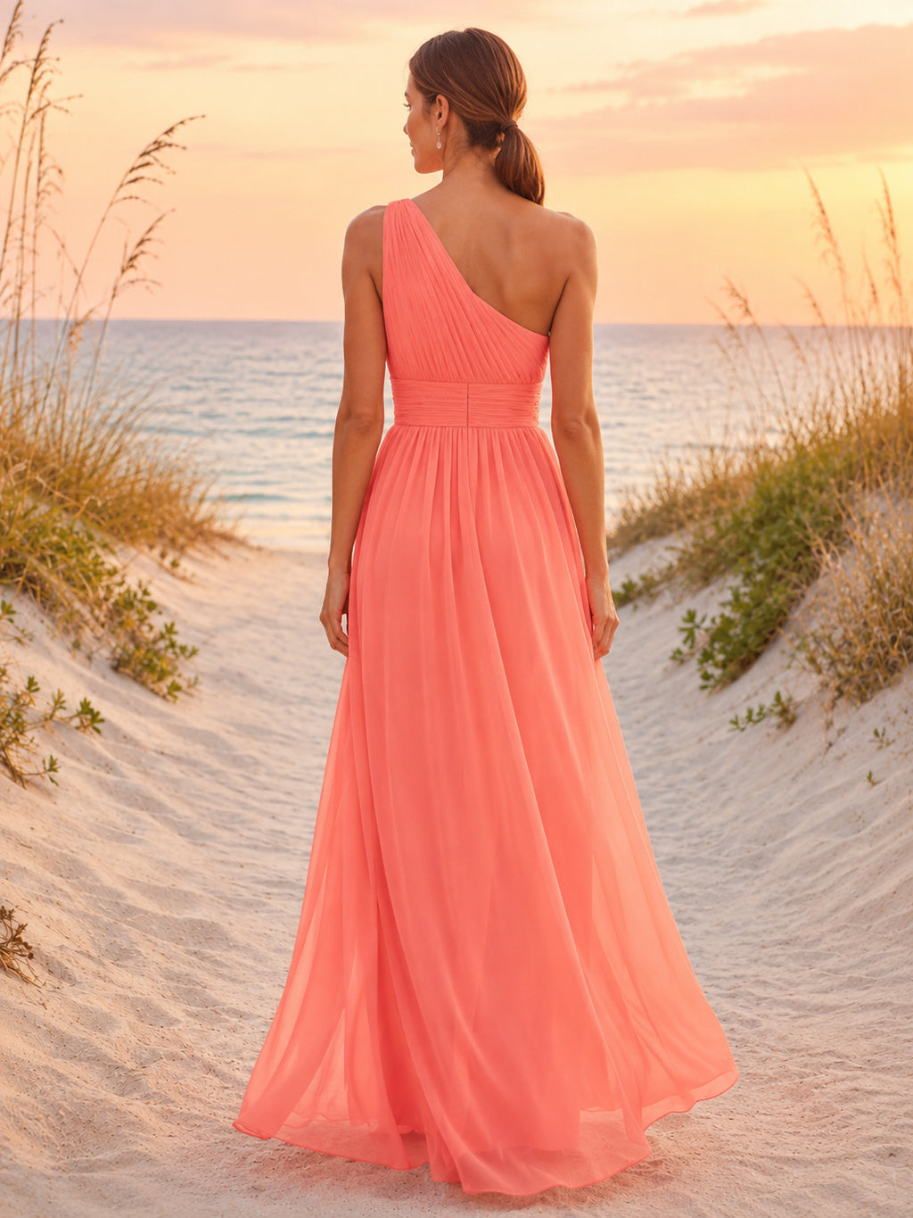 Coral One Shoulder Chiffon Floor Length A Line Beach Dress back view