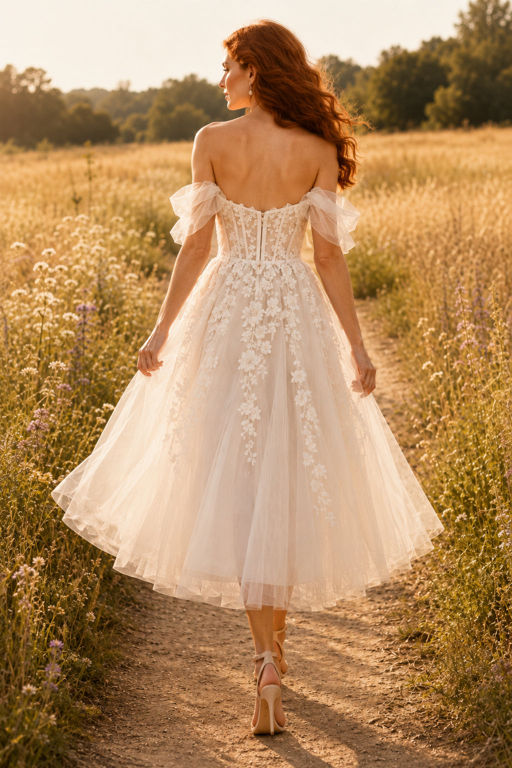 Ivory Off Shoulder Applique Tulle Tea Length Wedding Dress for Wedding Reception and Party Style MG_700983 back view