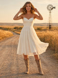 Country Simple Casual A-Line Tulle Wedding Dress with Sweetheart Strapless Sleeveless Tea-Length front view
