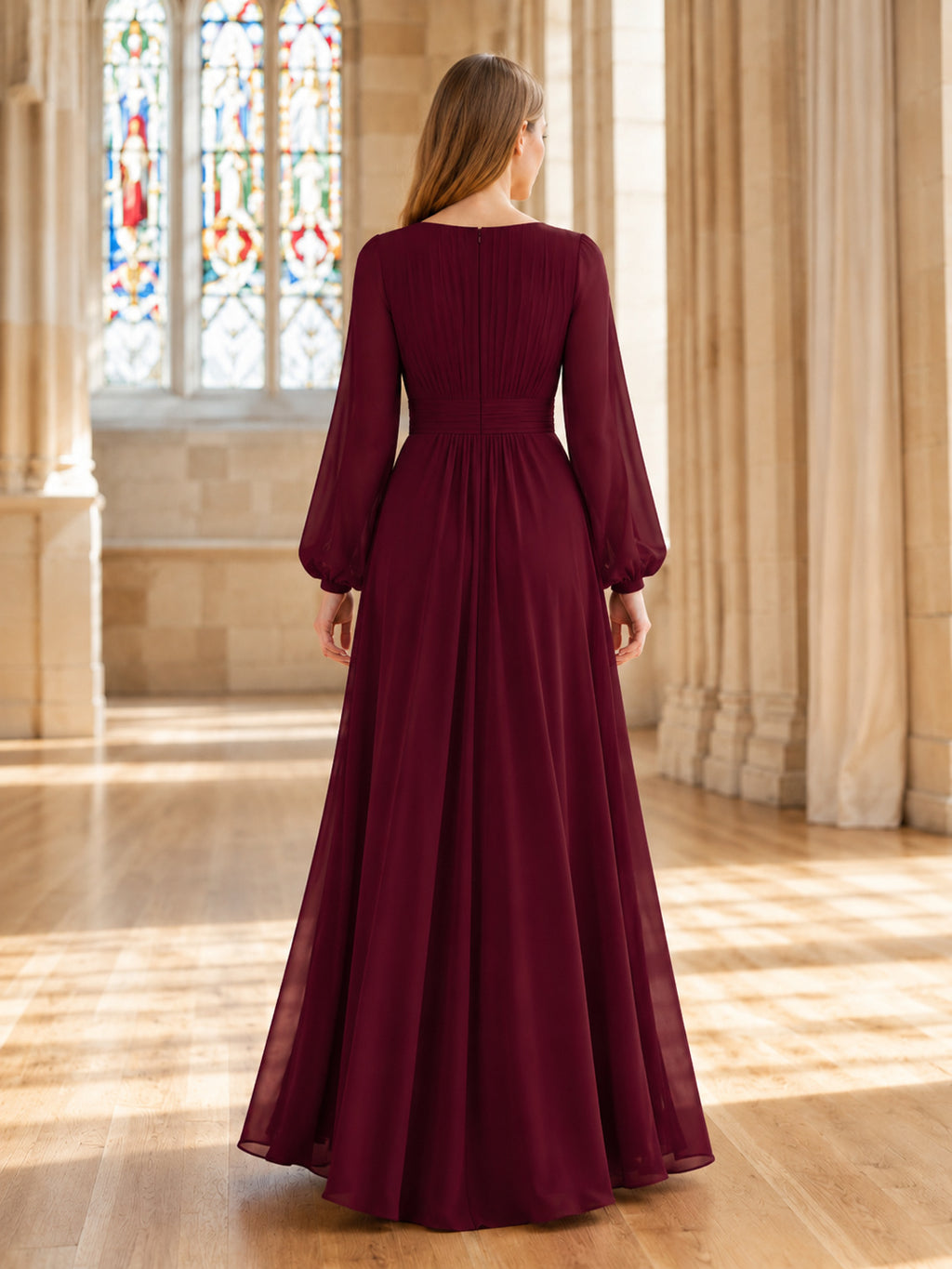 Burgundy chiffon bishop sleeve modest choir maxi dress back view