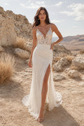 Ivory Simple V-Neck Sheath Satin Chiffon Wedding Dress with Spaghetti Straps and Sweep Train front view