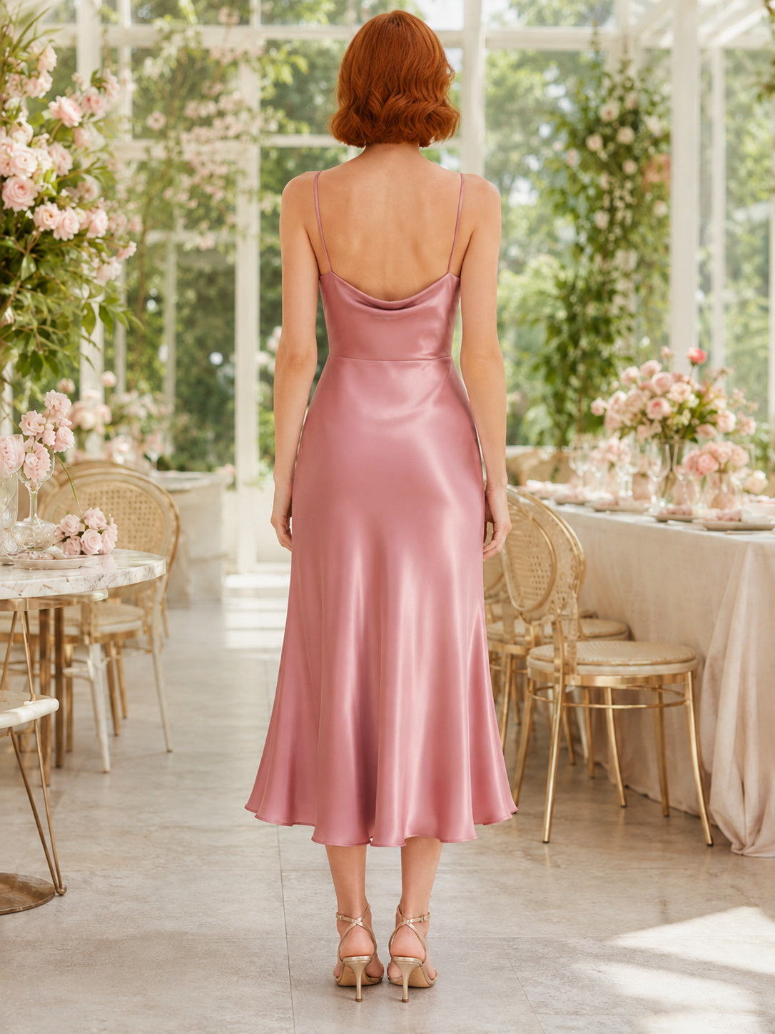 Dusty rose satin cowl neck midi slip sheath dress back view