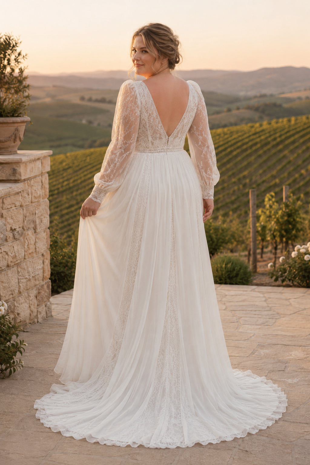 Plus Size Ivory V-Neck Bishop Sleeve Lace Tulle A-Line Wedding Dress with Bishop Sleeves and Flowing Chiffon Train back view