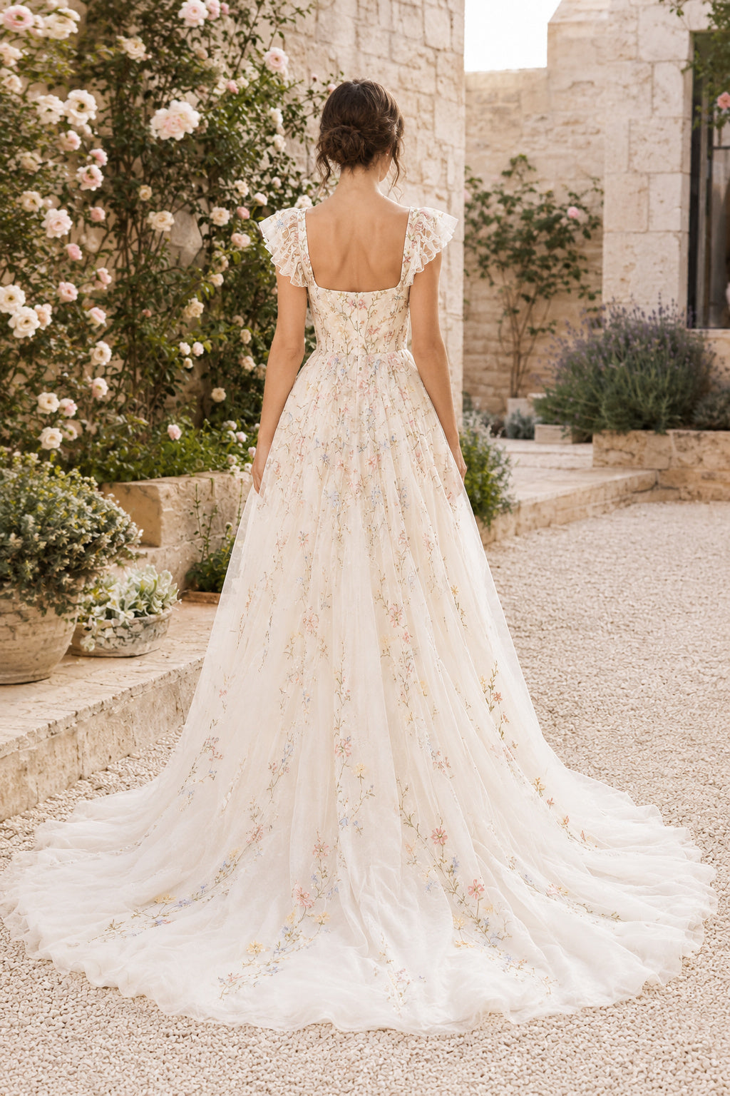 Ivory Cap Sleeve Floral Embroidered A-Line Wedding Dress with Square Neck and Train back view
