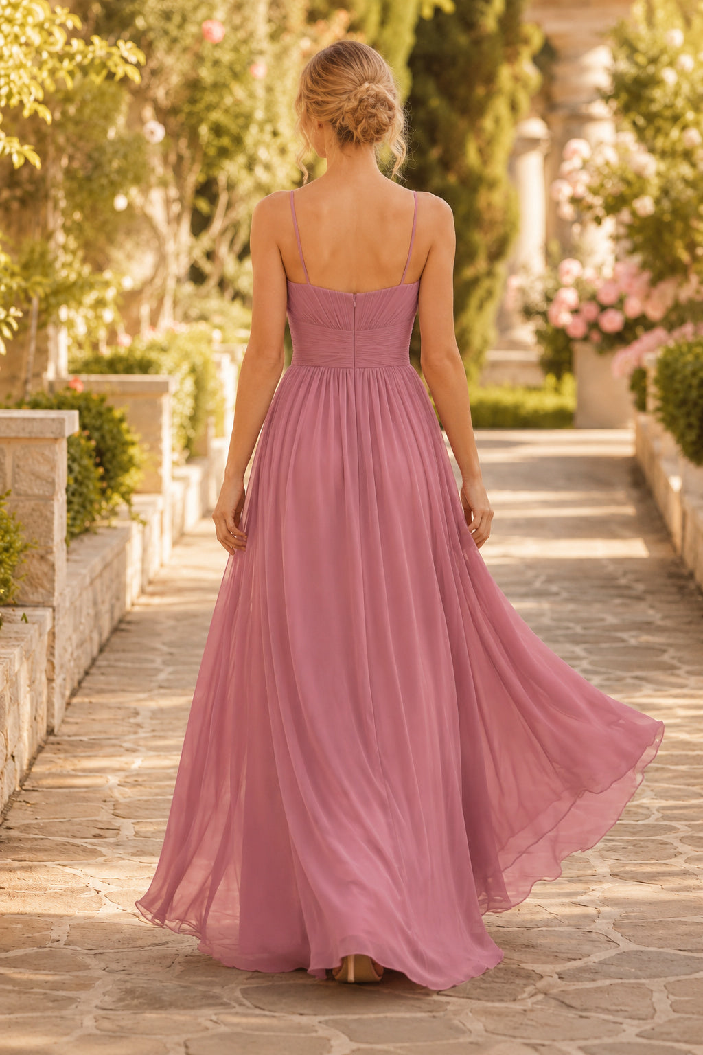 Dusty Rose Square Neck Chiffon A-Line Bridesmaid Dress with Spaghetti Straps and Flowing Skirt back view