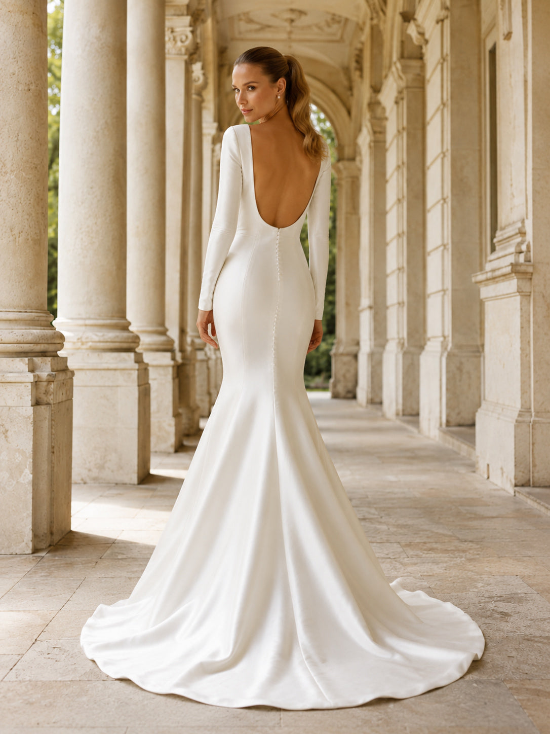 Minimalist Bateau Long Sleeve Satin Mermaid Low-V Back Sweep Wedding Dress back view