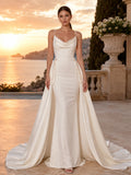 Beach Satin Wedding Dress Sheath Cowl Neck Sleeveless Chapel Train Bridal Gown front view