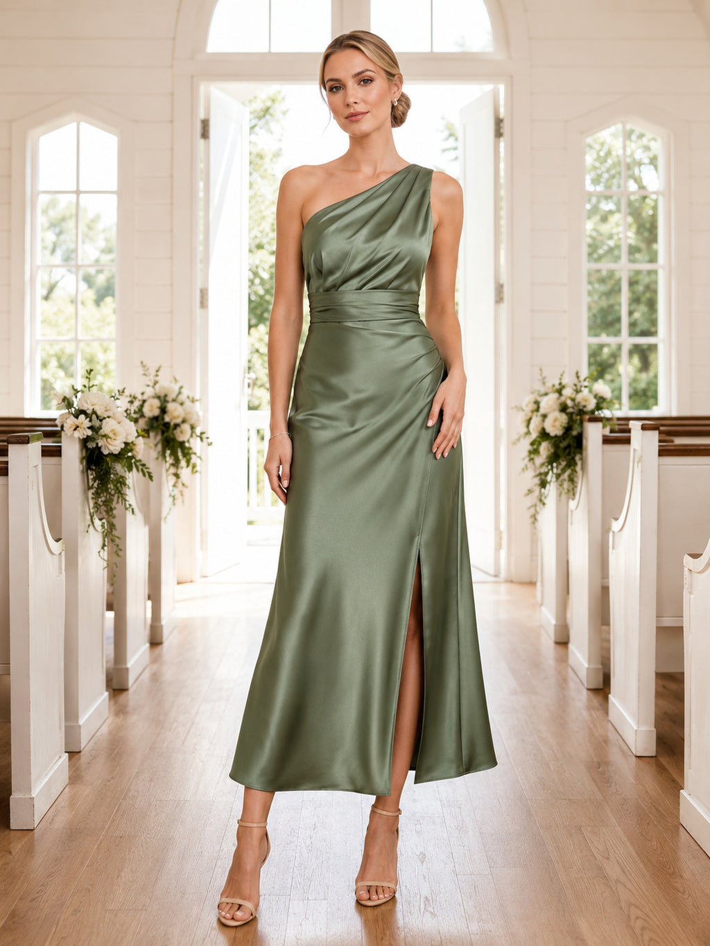 Chapel Sage One-Shoulder Satin Sheath Tea-Length Slit Guest Dress front view