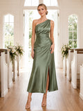 Chapel Sage One-Shoulder Satin Sheath Tea-Length Slit Guest Dress front view