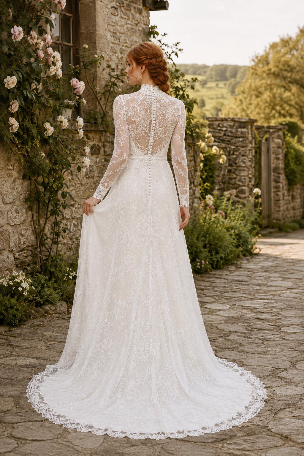 White High Neck Long Sleeve Tulle A-Line Wedding Dress Train for Wedding Ceremony and Reception back view