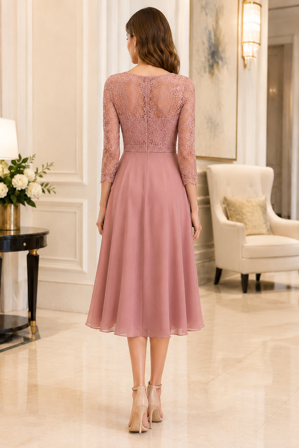 Champagne Modest Cocktail Sheath Dress back view