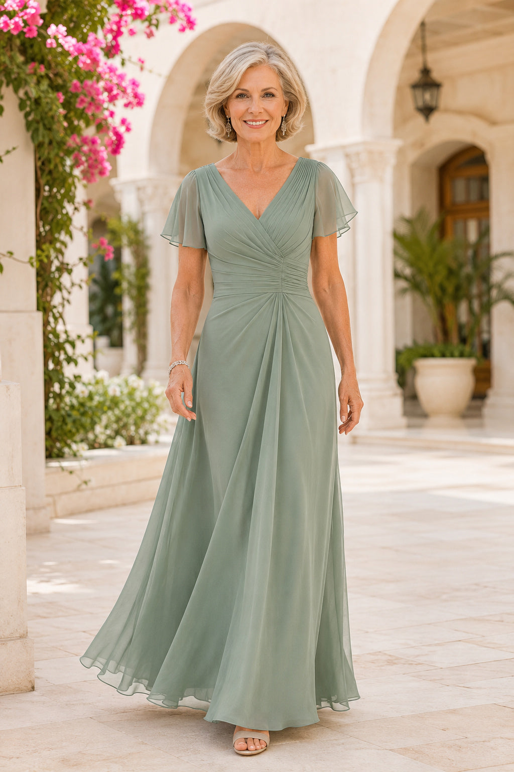 Sage V-Neck Chiffon Mother Dress with Flutter Sleeves and Ruched Waist for Evening Reception front view