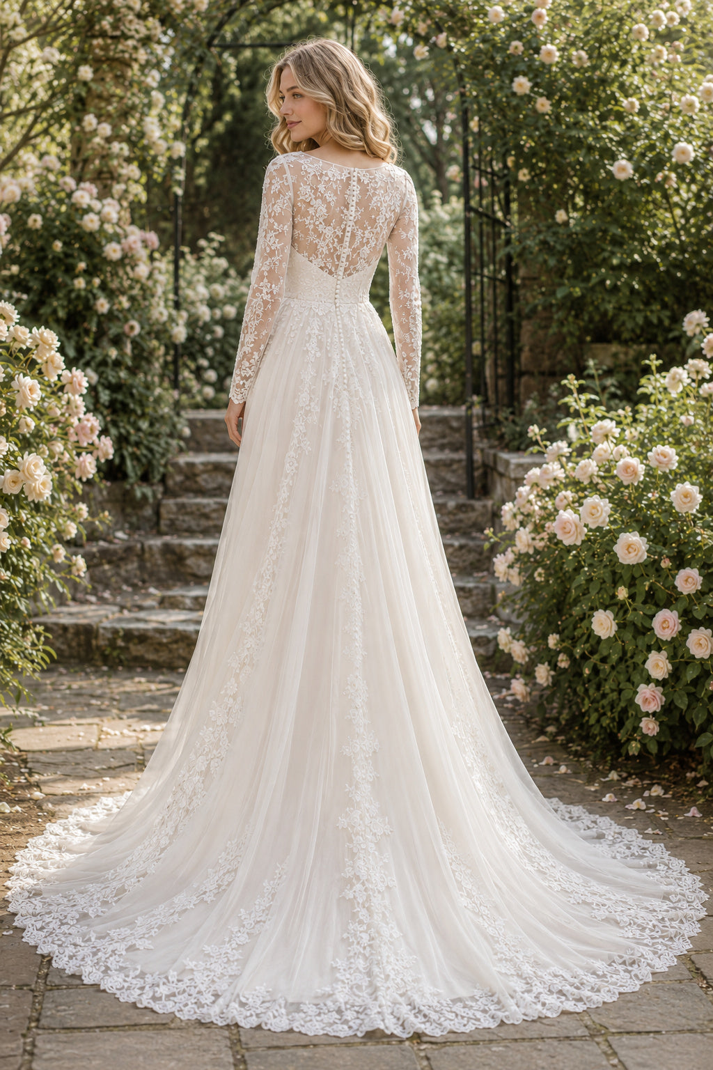 Ivory Romantic High Neck A-Line Lace Tulle Wedding Dress with Long Lace Sleeves and Chapel Train back view