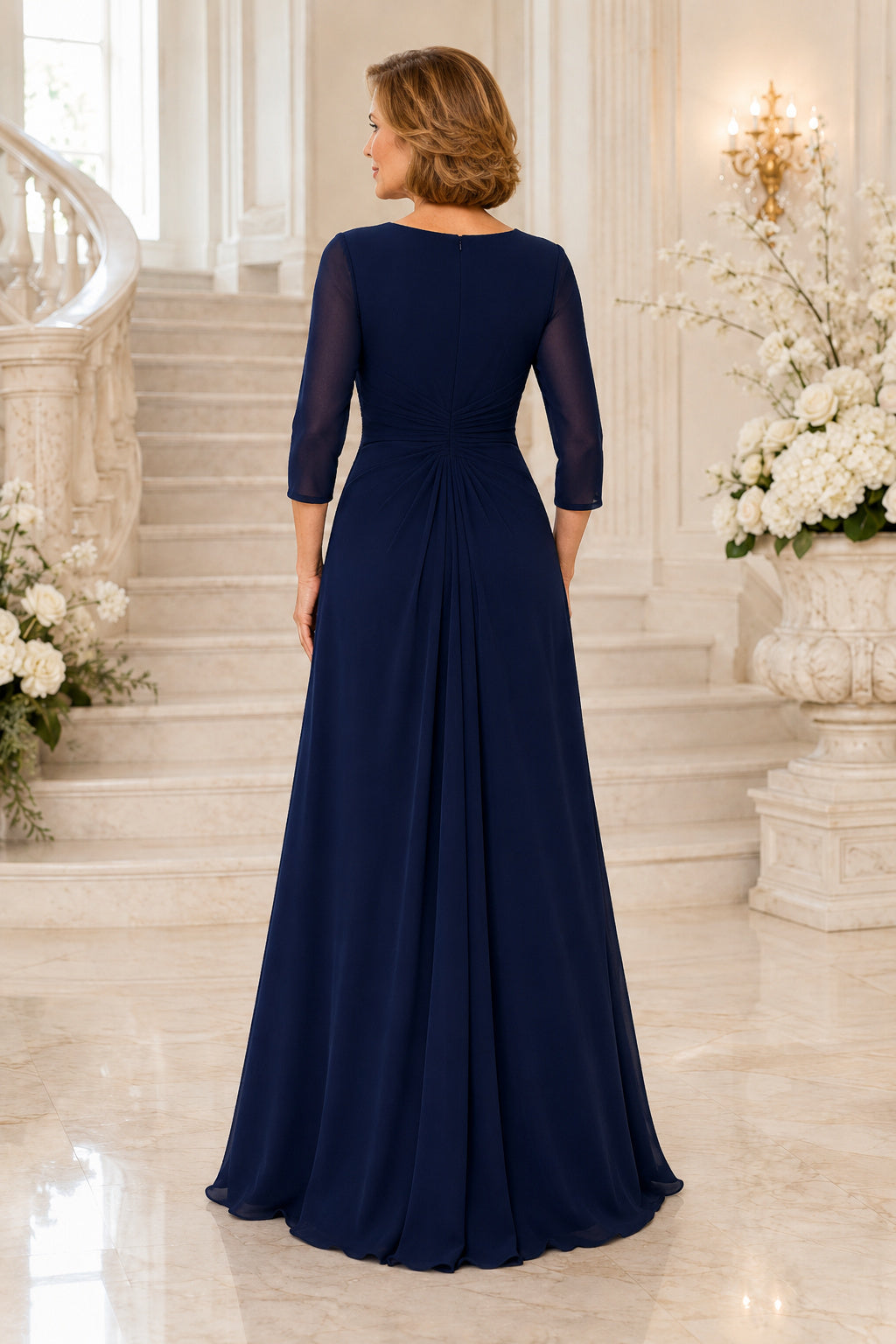 Dark Navy Notched Neck Mother Dress with Three Quarter Sleeves and Waist Applique back view