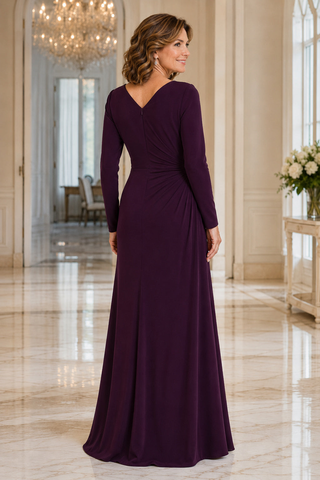 Plum V-Neck Long Sleeve Sheath Mother Dress with Wrap Bodice and Floor Skirt back view