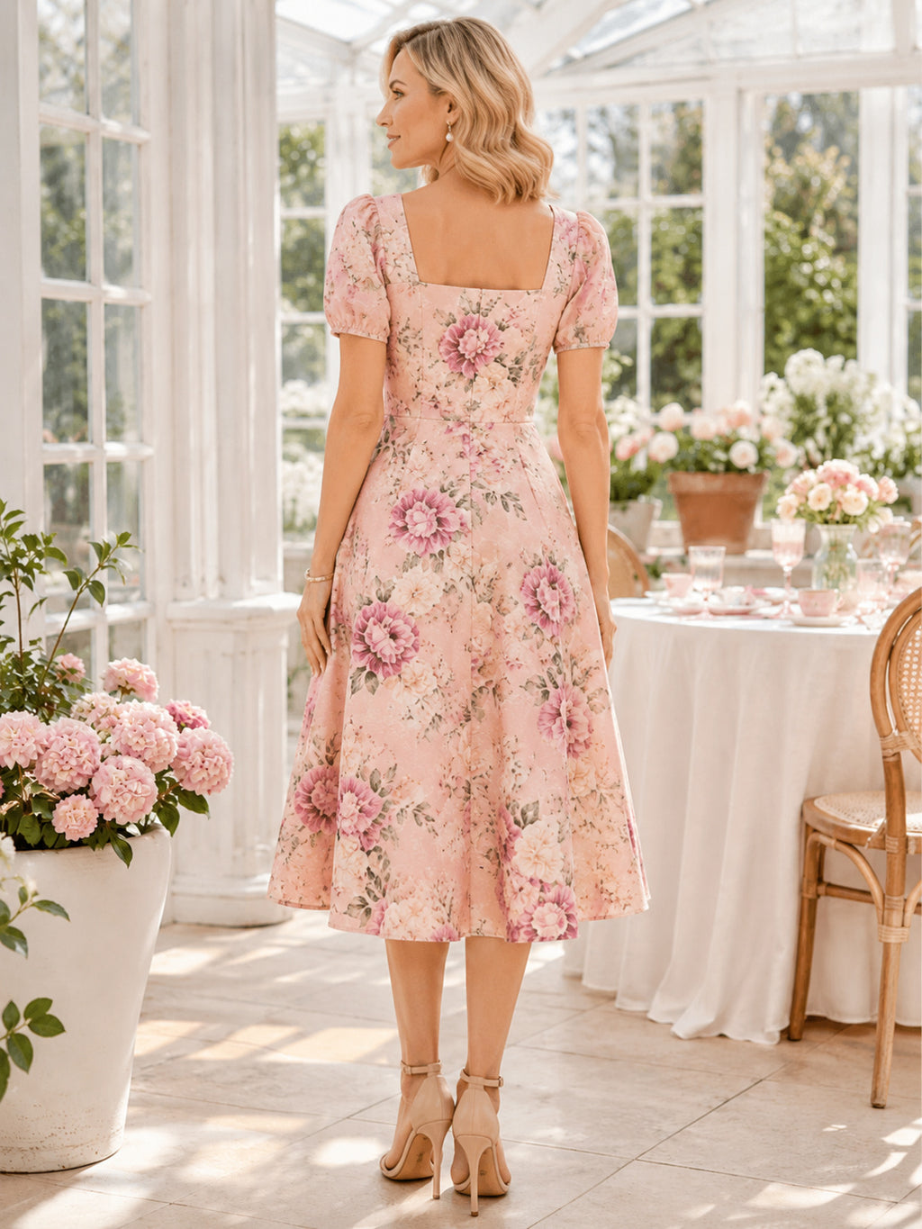 Blush Floral Square Neck Cap Sleeve Midi Brunch Dress back view