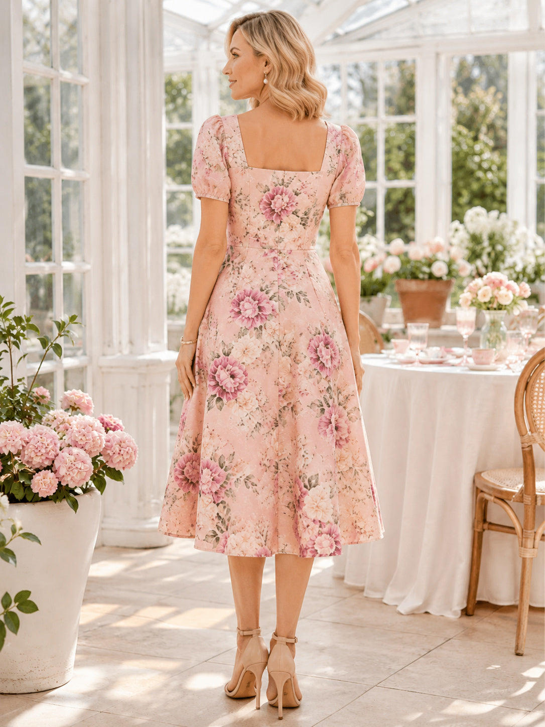 Blush Floral Square Neck Cap Sleeve Midi Brunch Dress back view