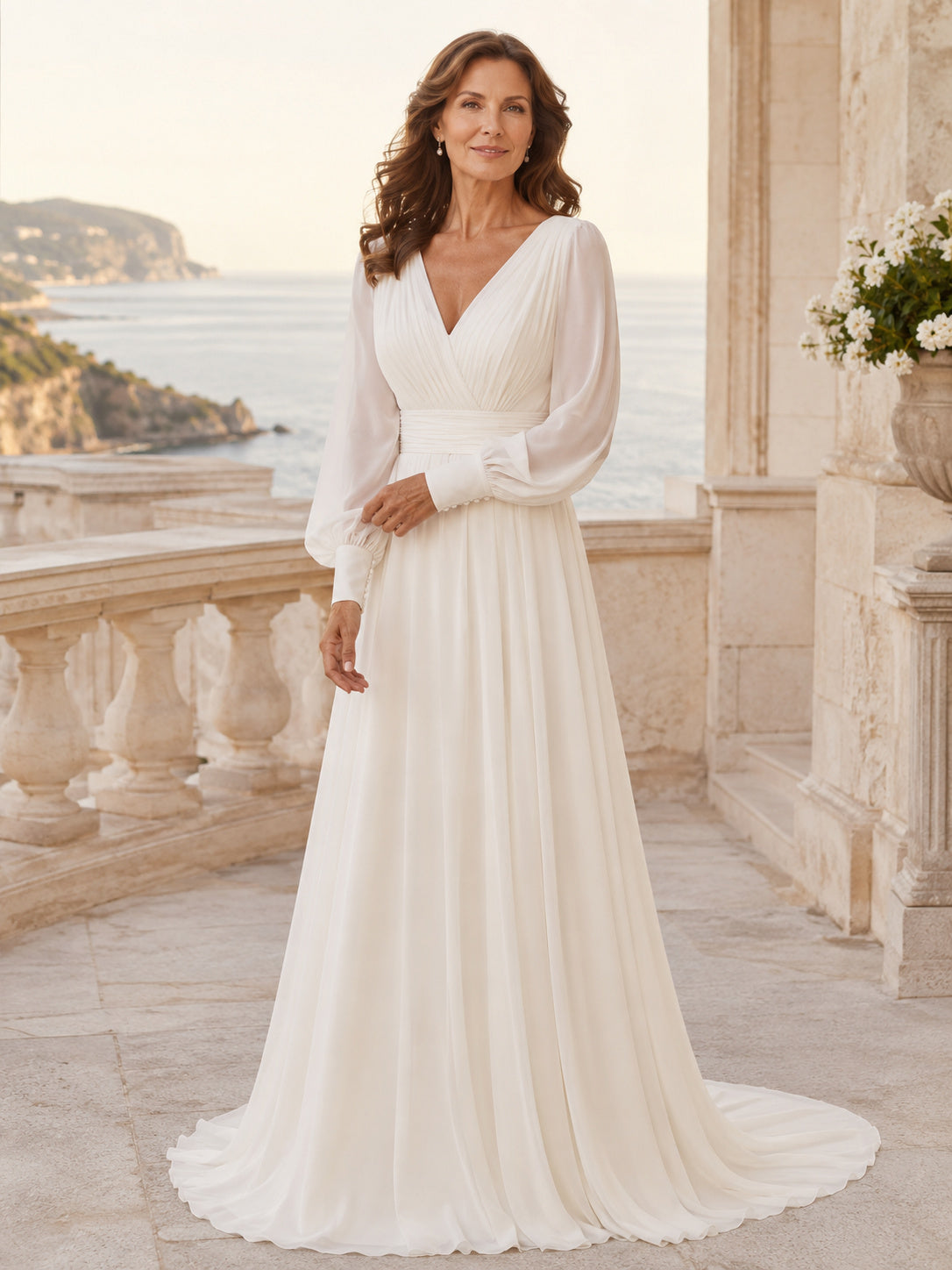 Chiffon Wedding Dress A-Line V-Neck Long Sleeve Chapel Train Keyhole Back Bridal Gown front view