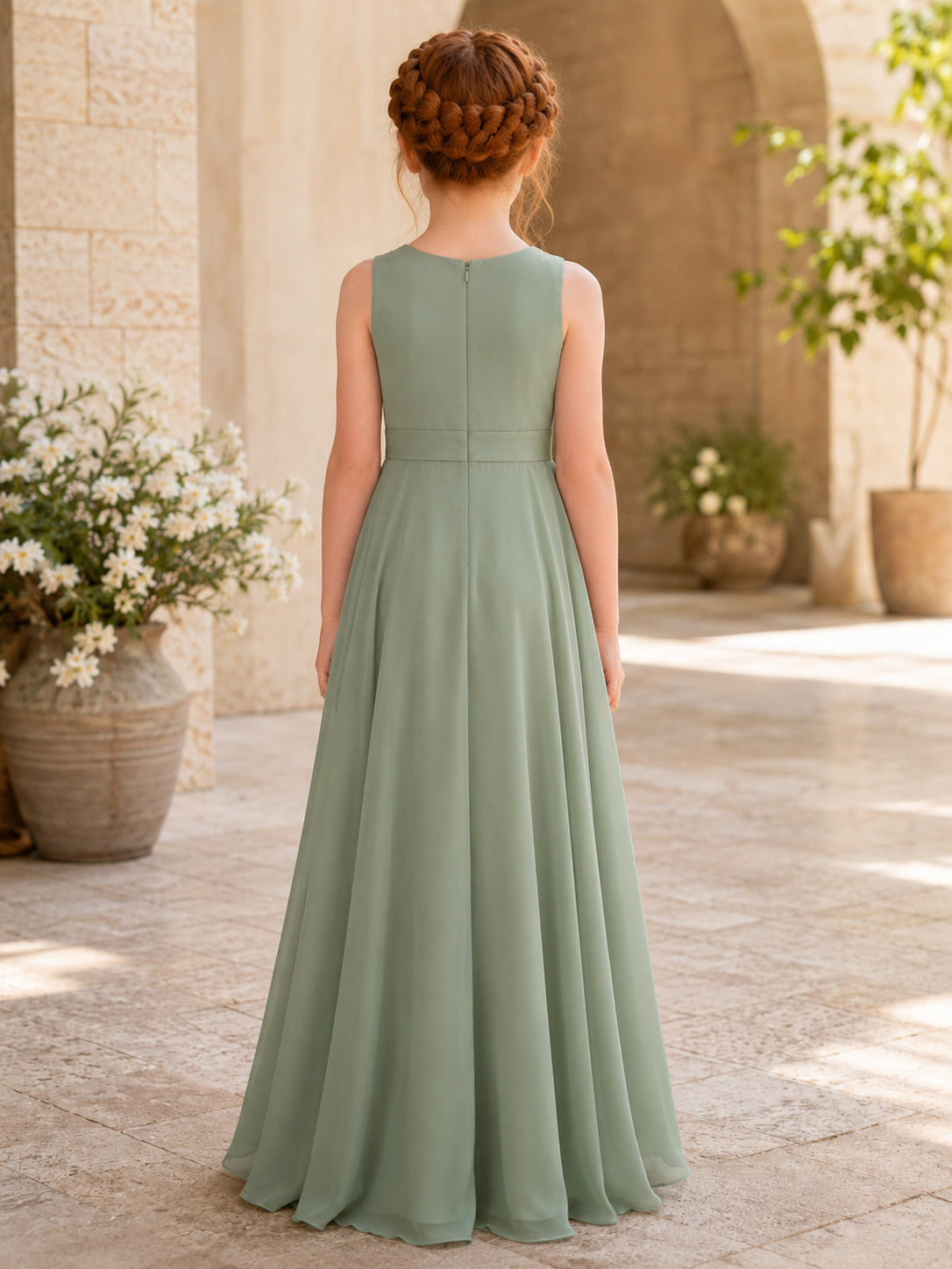 Flower Girl Dress Sage Chiffon A-Line Jewel Floor length Pleated back view