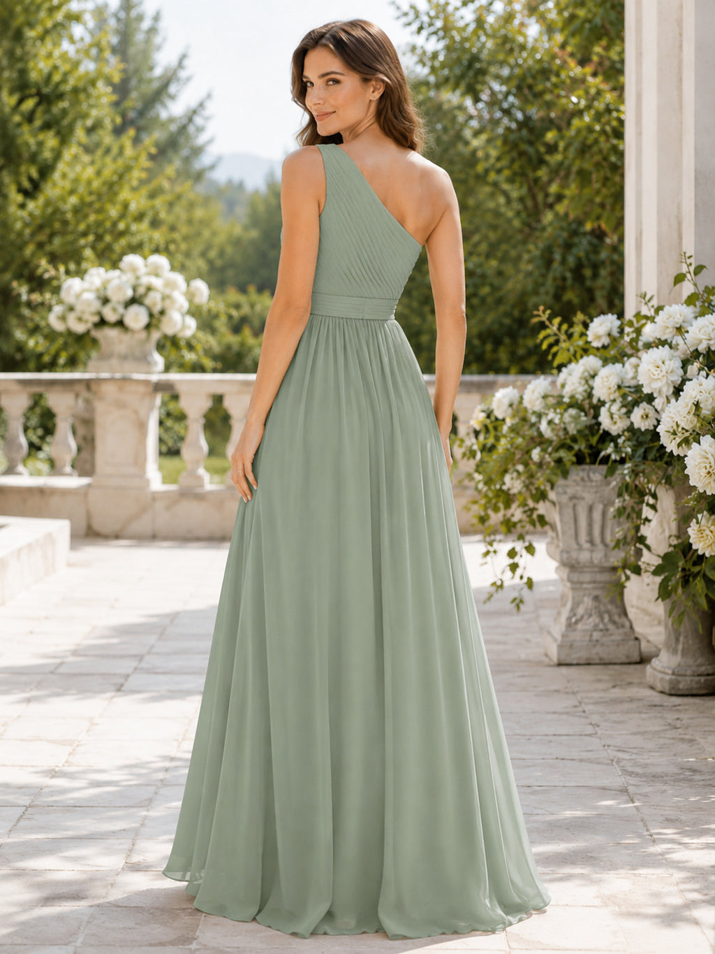 Modern Sage One Shoulder Pleated Chiffon Split A Line Bridesmaid Gown back view