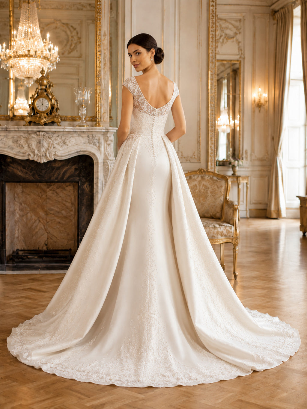 Satin Wedding Dress A-Line Bateau Neck Sleeveless Sweep Train Low V Back Bridal Gown back view