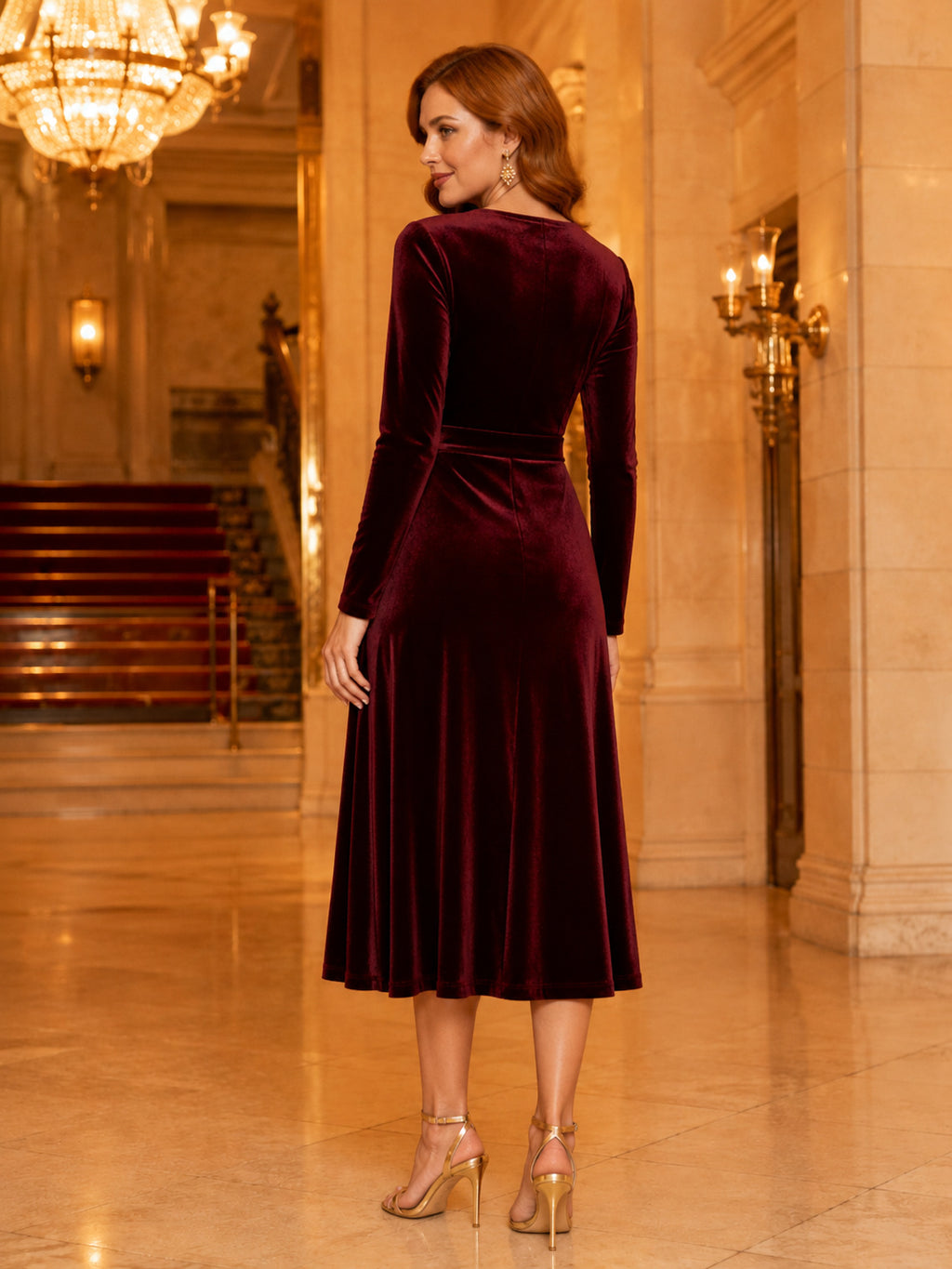 Burgundy Velvet Wrap V Neck Long Sleeve Tea Length Dress back view