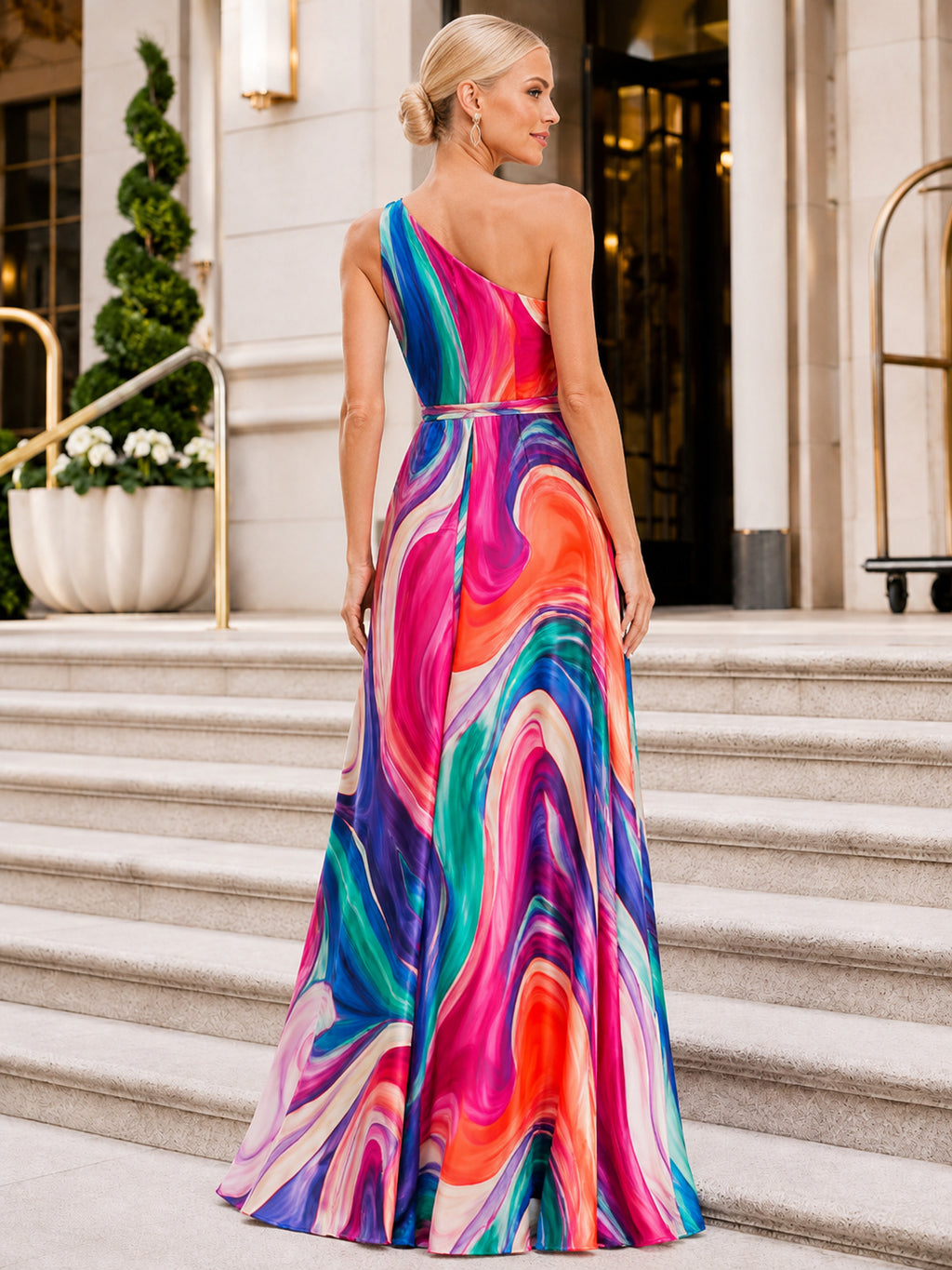 Vivid Swirl One Shoulder A-Line Maxi Evening Dress back view