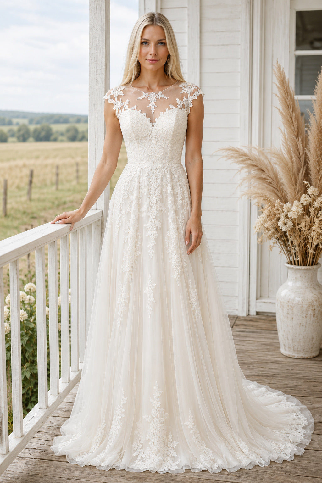 Illusion Bateau A-Line Wedding Dress with Lace Applique Bodice and Soft Train for Rustic Garden Ceremony front view