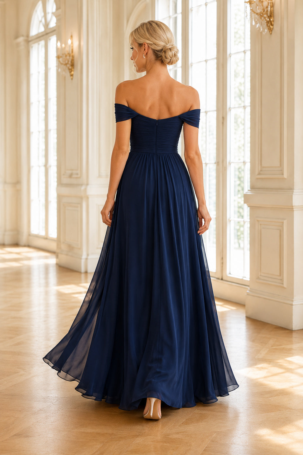 Dark Navy Off-the-Shoulder Chiffon A-Line Bridesmaid Dress with Sweetheart Neck and Side Split back view