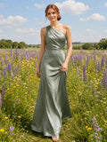 Sage Satin Sheath One-Shoulder Sleeveless Ruched Low Back Floor-Length Bridesmaid Dress front view