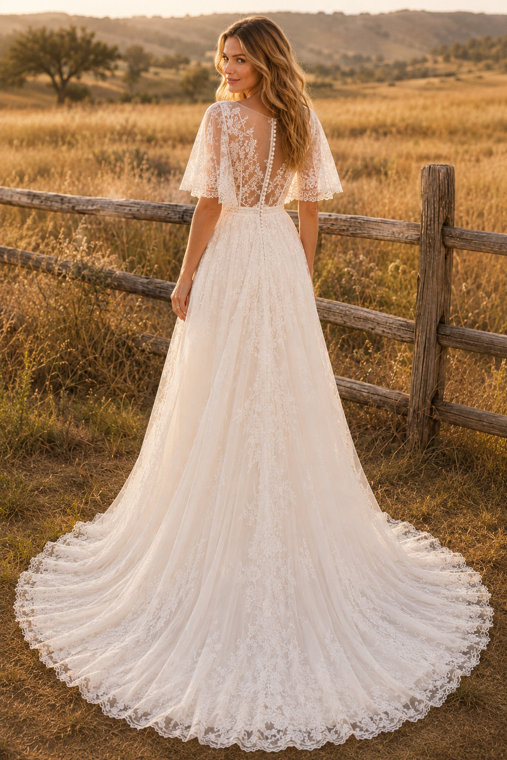 Flutter Sleeve V-Neck A-Line Wedding Dress with Lace Appliques and Full Train for Rustic Garden Ceremony Style MG_700733 back