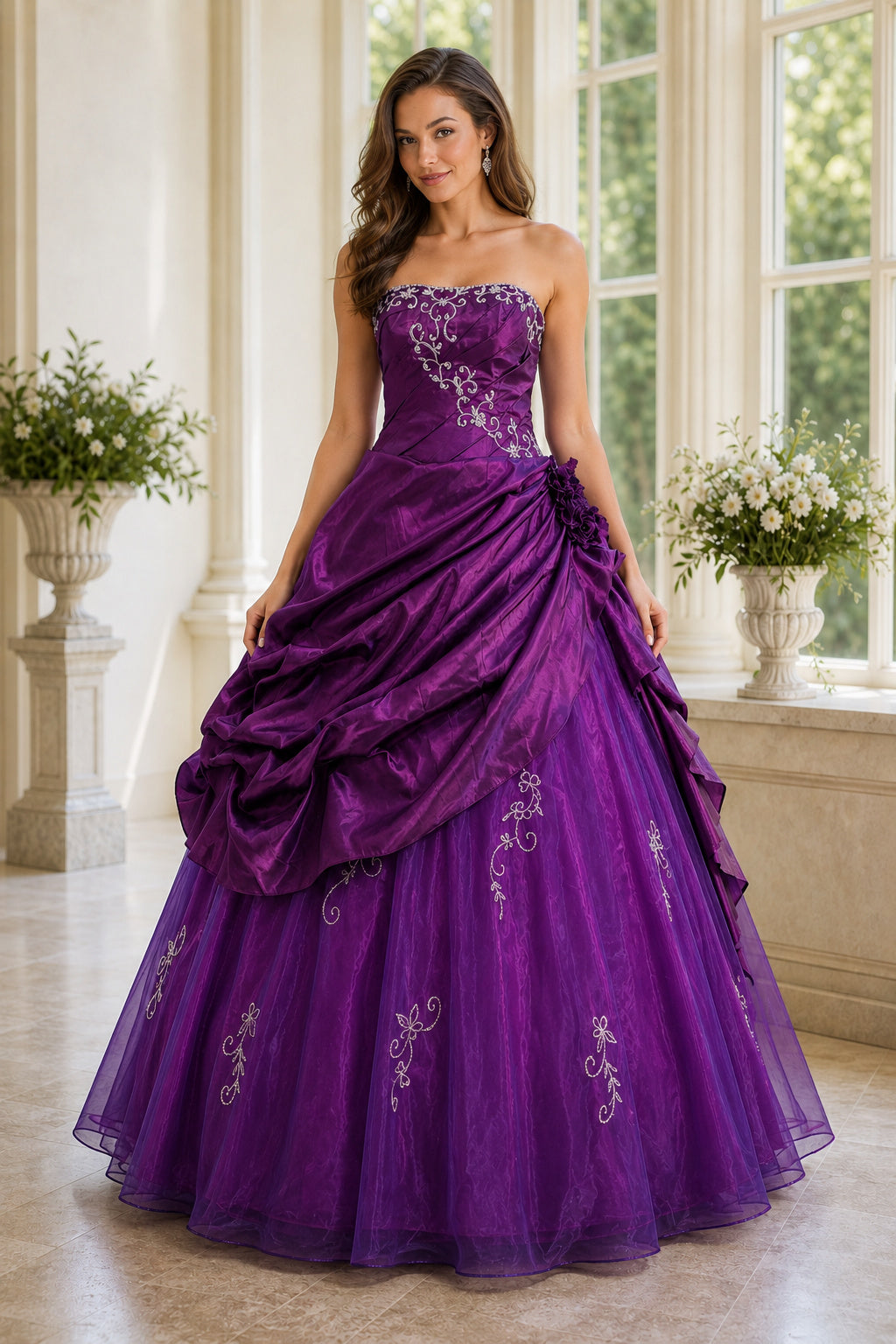 Purple Strapless Sweetheart Ball Gown Tulle Floor-Length Dress With Draped Skirt