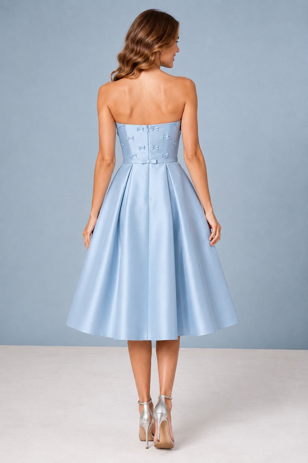 Sky Blue Strapless Satin Tea-Length A-Line Dress back view