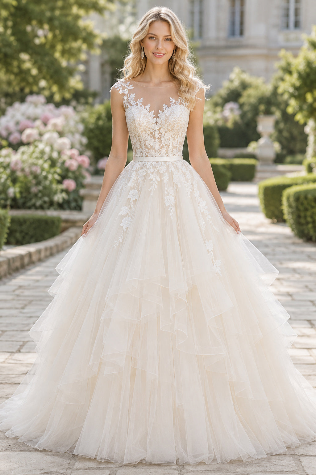 Ivory Lace Applique Ball Gown with Spaghetti Straps and Full Tulle Skirt Floor Length And Sweep/Brush Train Ball Gown Wedding