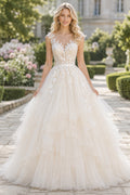 Ivory Lace Applique Ball Gown with Spaghetti Straps and Full Tulle Skirt Floor Length And Sweep/Brush Train Ball Gown Wedding