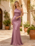 Dusty Rose Courtyard Sheath Satin Bridesmaid Dress with Sleeveless One-Shoulder Bodice, Ruched Floor-Length Skirt and Low V B