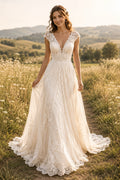 Ivory Cap Sleeve V-Neck Lace Tulle A-Line Wedding Dress Train for Wedding Ceremony and Reception front view