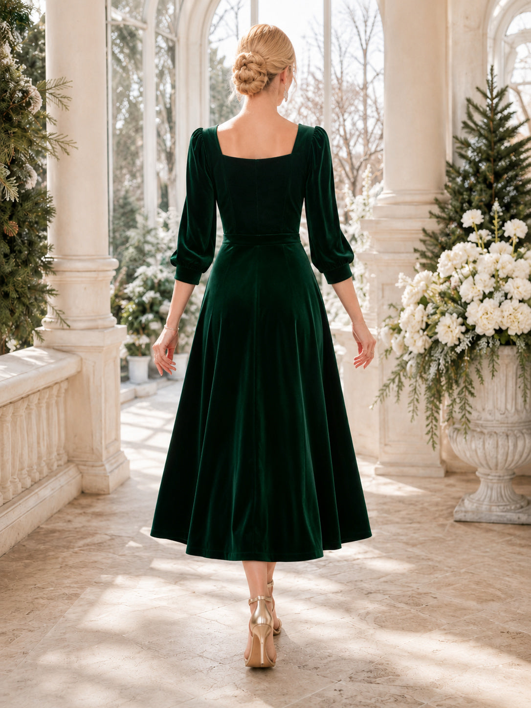 Emerald Green Velvet Square Neck Long Sleeve Tea Length A Line Winter Dress back view