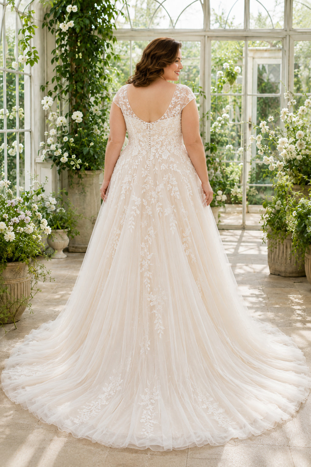 Plus Size Ivory V-Neck Cap Sleeve Lace Tulle A-Line Wedding Dress with Cap Sleeves and Lace Tulle Train back view