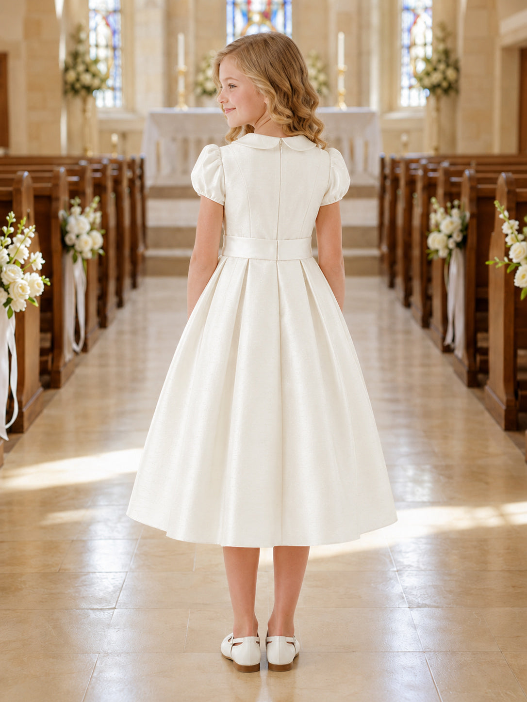 Puff Sleeve Satin Communion Flowergirl Tea Length Church Dress back view