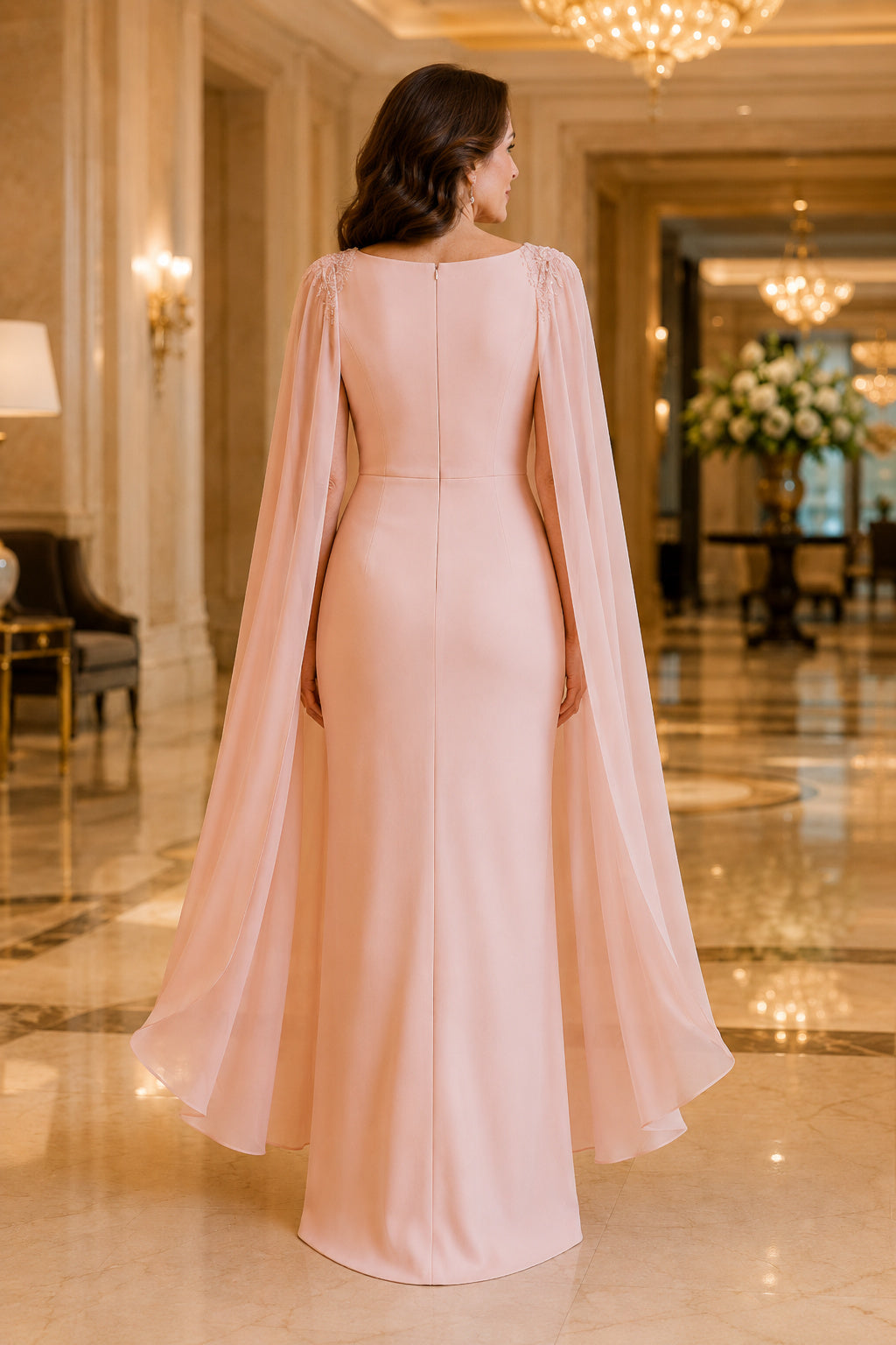 Blush Bateau Sheath Mother Dress with Plain Bodice and Flowing Cape Sleeves back view