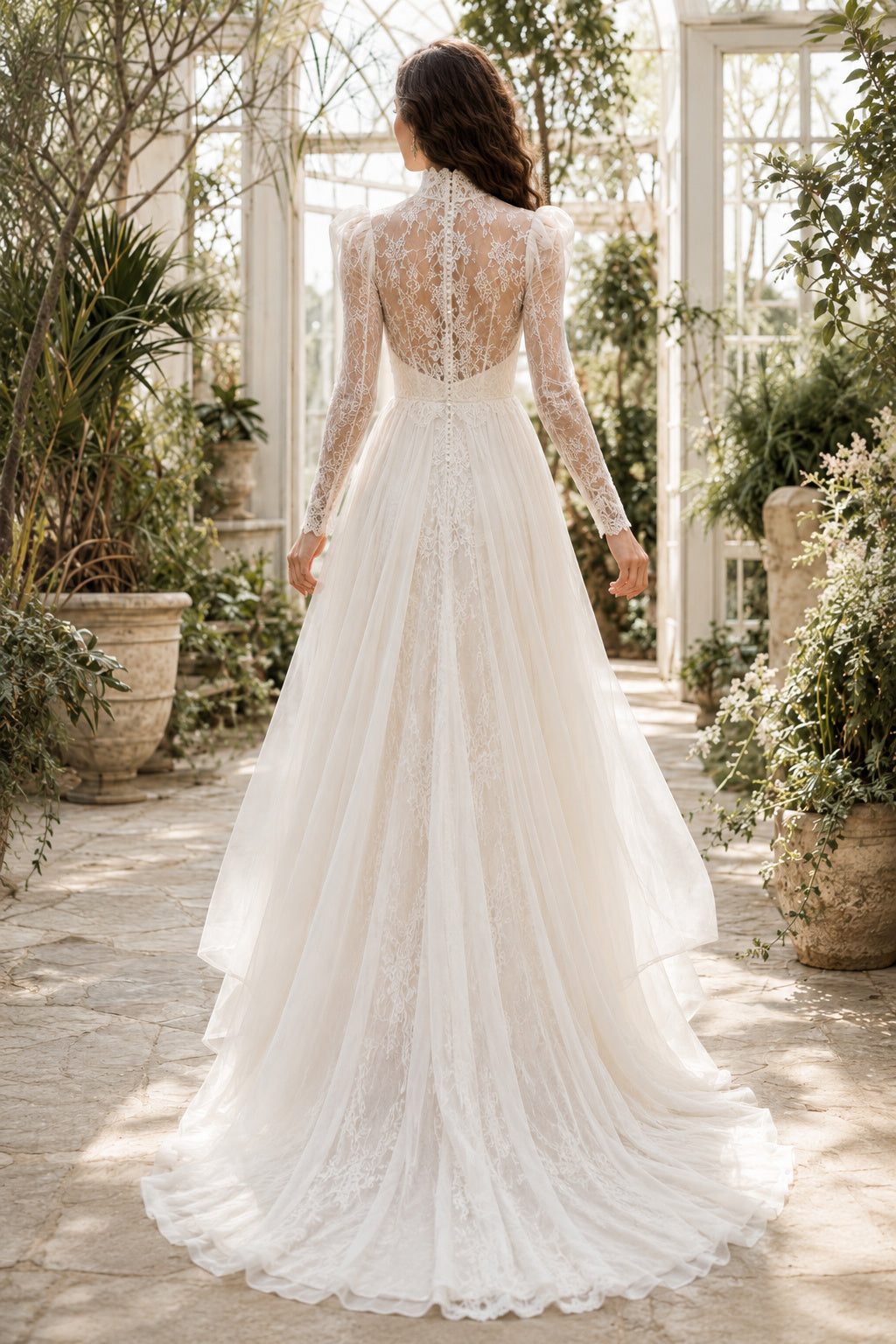 Ivory High Neck Long Sleeve Lace A-Line Wedding Dress Split Front for Wedding Ceremony and Reception back view