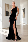 Black One-Shoulder Velvet Mermaid Prom Dress with High Slit and Sweep Train front view