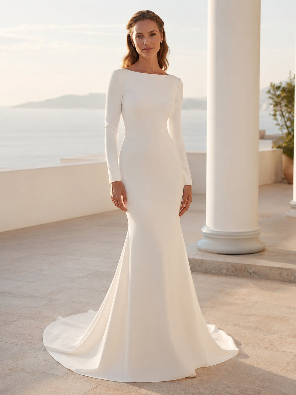Stretch Satin Wedding Dress Mermaid Bateau Neck Long Sleeve Chapel Train Bridal Gown Style 722824 front view