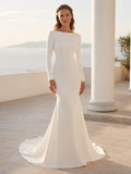 Stretch Satin Wedding Dress Mermaid Bateau Neck Long Sleeve Chapel Train Bridal Gown Style 722824 front view