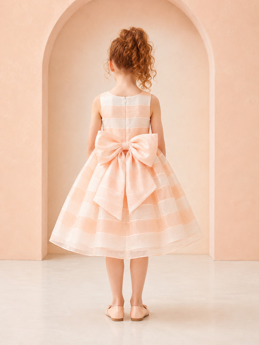Papaya Striped Organza A-Line Flower Girl Dress, Sleeveless Square Neck, Oversized Bow, Tea-Length Reception back view