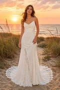 Ivory Spaghetti Cowl Neck Sheath Wedding Dress Lace Split Train for Bridal Ceremony and Reception front view