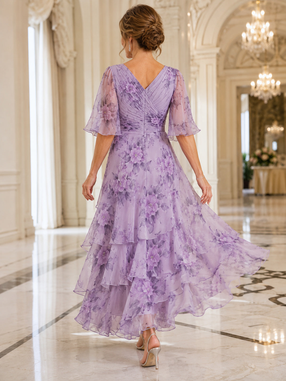 Lavender Floral V Neck Flutter Sleeve High Low Chiffon Mother Dress back view