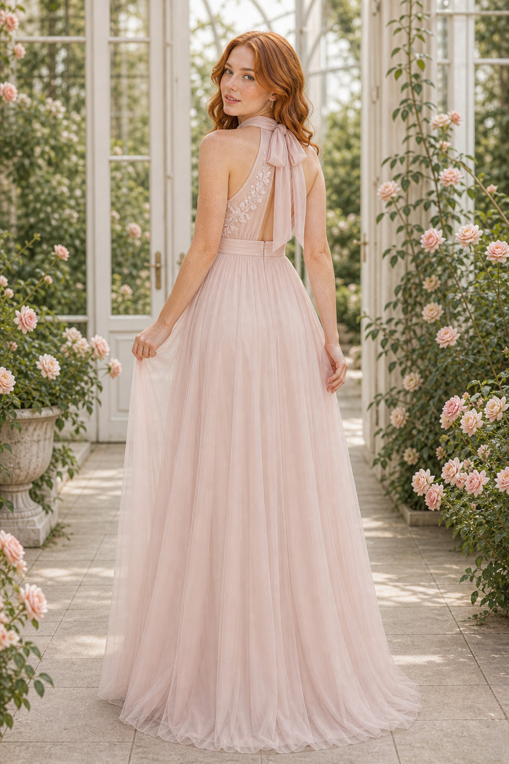 High-Neck Sleeveless A-Line Tulle Floor-Length Dress With Lace Bodice